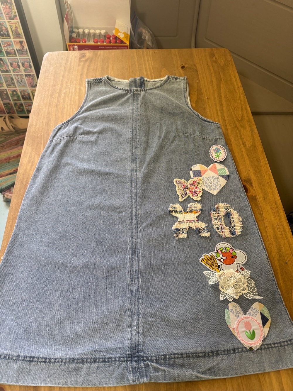 Denim Patchwork A-Line Dress with Heart and Floral Patches